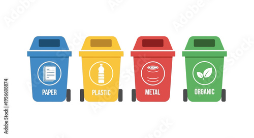 Colorful recycling bins representing paper plastic metal and organic waste displayed in a clean flat silhouette high quality professional detailed modern