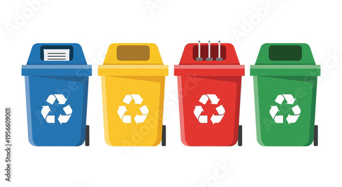 Four colorful recycling bins each designated for different materials are lined up in a row silhouette high quality professional detailed