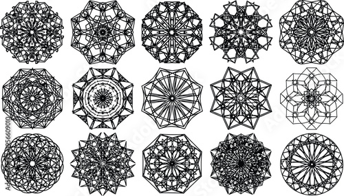 Set of intricate geometric mandala patterns with complex symmetrical designs and fine line art ideal for spiritual concepts graphic design projects or decorative elements