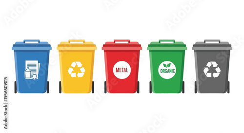 Five colorful recycling bins displaying paper plastic metal organic and general waste symbols a flat vector silhouette high quality professional detailed