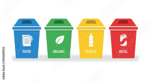 Four colorful recycling bins representing paper organic waste plastic and metal in a flat illustration silhouette high quality professional detailed modern