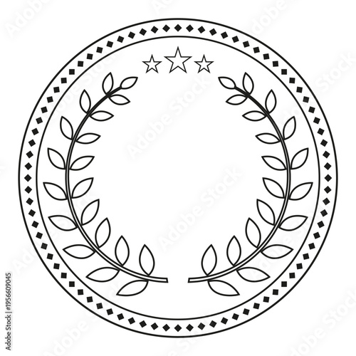 Illustration of a round emblem with a laurel leaf and a crown on a white background.