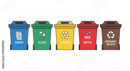 Five colorful recycling bins representing paper glass plastic metal and organic waste are neatly aligned silhouette high quality professional detailed