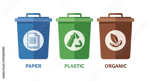 Three recycling bins blue for paper green for plastic and brown for organic waste silhouette high quality professional detailed