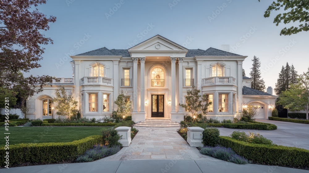 Obraz premium Elegant estate: pristine white residence with symmetrical faÃ§ade, columns, and formal gardens