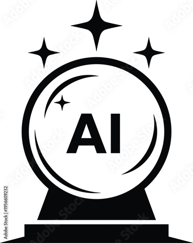 Artificial intelligence crystal ball icon, futuristic technology symbol, AI insight illustration, innovation graphic design, predictive concept representation, digital foresight silhouette
