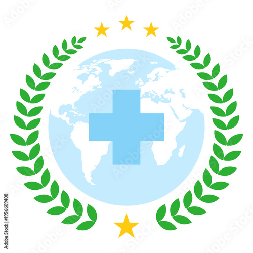 Illustration of a medical cross with a globe and a laurel wreath on a white background
