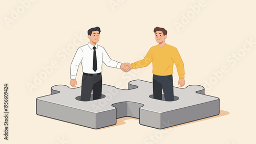 Two men shaking hands on puzzle pieces