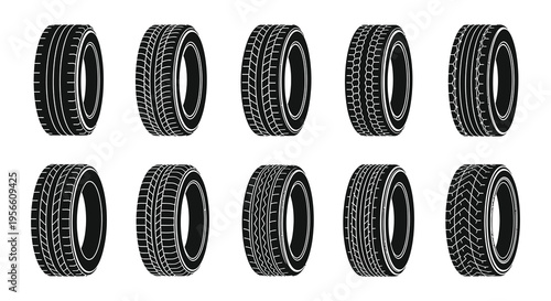 A collection of ten black tire silhouettes displayed in a grid arrangement showcasing various tread patterns silhouette high quality professional detailed