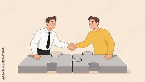 Two men shaking hands over puzzle pieces
