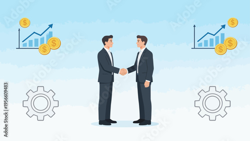 Businessmen shaking hands with financial symbols
