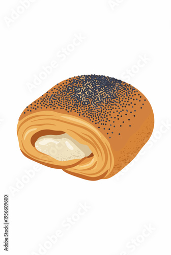 Isolated digital illustration of a poppy seed pastry with cream filling