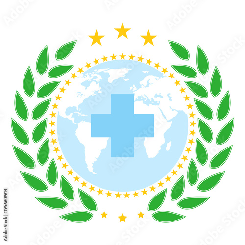 Illustration of a medical cross with a globe and a laurel wreath on a white background