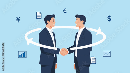 Business handshake with financial symbols