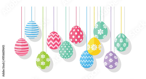 Colorful patterned easter eggs hang from above creating a festive spring decoration with a flat silhouette high quality professional detailed modern