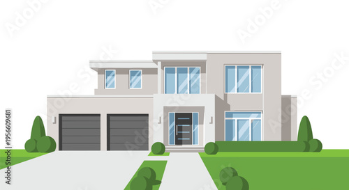 A modern two-story house with a light grey facade, multiple windows, and two garage doors is depicted with a grey driveway and green landscaping against a plain white background.