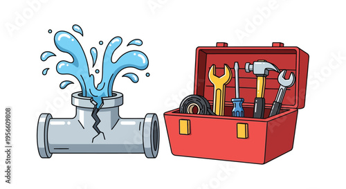 A broken pipe gushes water near an open toolbox filled with plumbing and repair tools silhouette high quality professional detailed modern
