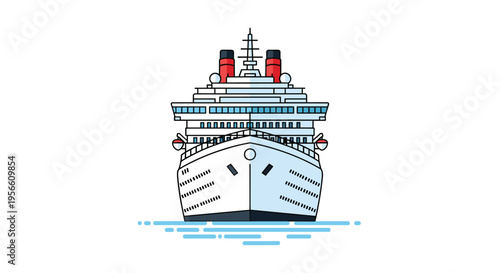 A large white cruise ship with red smokestacks and multiple decks is depicted from a frontal perspective, floating on stylized blue water ripples against a plain white background.