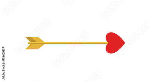 A golden arrow with a red heart-shaped tip and golden fletching points horizontally to the right on a clean white background.
