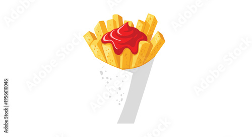 A paper cone filled with golden french fries and a dollop of red ketchup is presented on a clean white background.