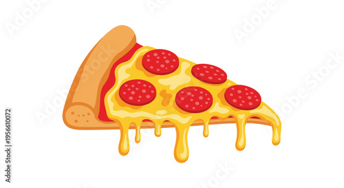 A single slice of pepperoni pizza with melting cheese and drips is shown on a clean white background.
