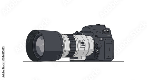 A dark gray DSLR camera with a telephoto lens is horizontally positioned on a clean white background.