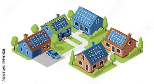 Isometric view of a neighborhood with modern houses featuring solar panels a car and green landscaping silhouette high quality professional detailed