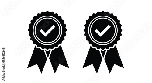A pair of black award ribbons features prominent checkmarks symbolizing verified quality assurance success and official recognition.