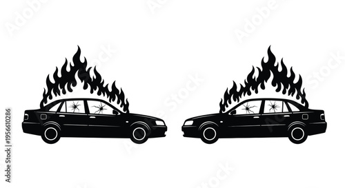 Two black sedan cars appear completely engulfed in stylized flames and feature broken glass, suggesting a high impact collision or accident.
