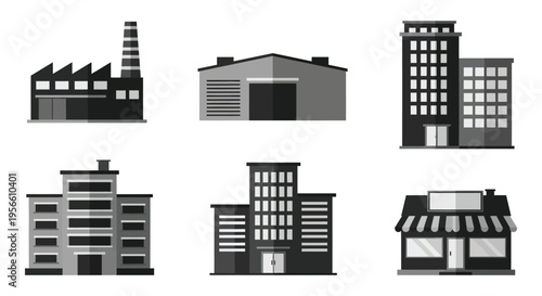 A collection of industrial and commercial buildings presented in a flat grayscale style creating a striking silhouette high quality professional detailed