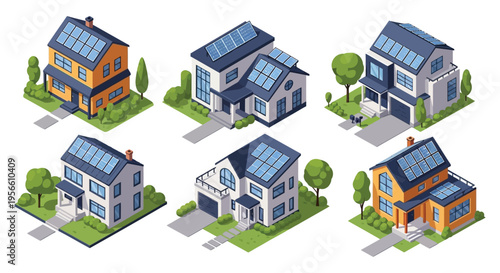 Isometric illustration depicting a collection of residential houses with diverse architectural styles showcasing a clean silhouette high quality professional detailed modern