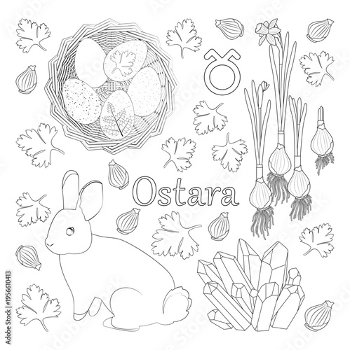 Vector illustration with various elements related to the holiday of Ostara, including daffodils, a rabbit, pink quartz crystals, and painted eggs in a basket. Isolated on a white background.