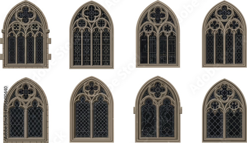 Set of eight ornate gothic architectural windows featuring intricate stone tracery and pointed arches ideal for historical design projects or as decorative elements isolated on white background