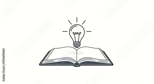 An open book with a glowing lightbulb above it is centrally illustrated on a plain white background.