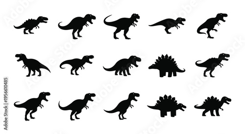 A collection of black dinosaur silhouettes depicting various species including tyrannosaurus rex and stegosaurus silhouette high quality professional detailed modern elegant