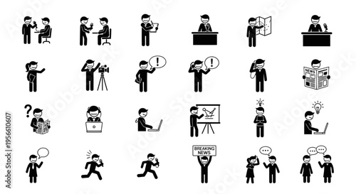 People communicate ideas in business settings with various actions and expressions.