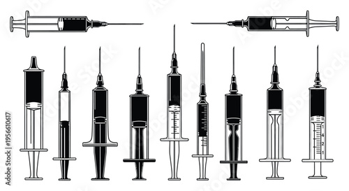 A collection of medical syringes and needles depicted in a stark black and white illustration silhouette high quality professional detailed modern elegant stylish