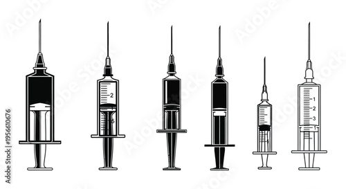 A collection of medical syringes in varying sizes and designs presented as a striking black silhouette high quality professional detailed modern