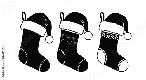 A trio of solid black Christmas stockings featuring decorative white stitching patterns and fluffy cuffs are arranged side by side.