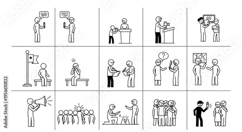People are communicating and presenting in various public speaking settings.