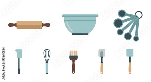 Various baking tools including a rolling pin, mixing bowl, and spatulas are neatly arranged on a simple white background.