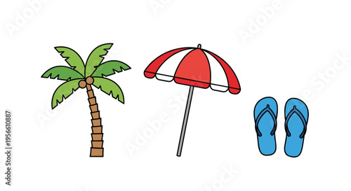 A green palm tree, a red and white beach umbrella, and blue flip-flops are displayed on a clean white background.