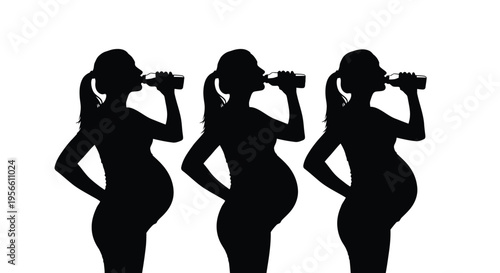 Three identical silhouettes of a pregnant woman drinking from a small bottle while standing with one hand on her hip in profile view.