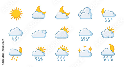 A grid of fifteen weather icons depicting sun, moon, clouds, and rain in various combinations is presented on a solid white backdrop.