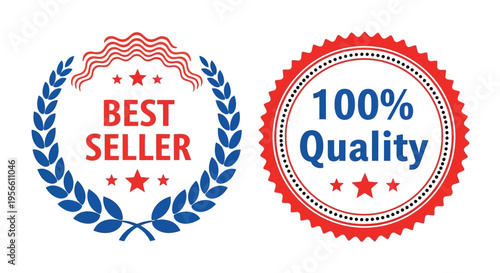 Two graphical seals displaying best-seller status and one hundred percent quality assurance against a plain white background for commercial use.