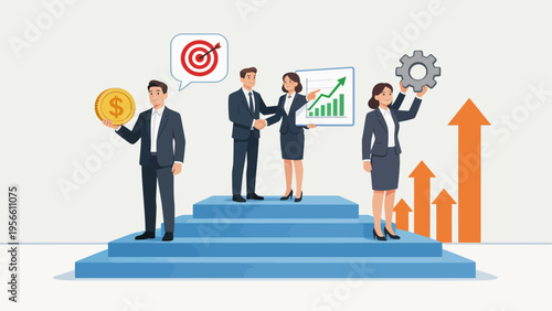 Business team on steps with icons