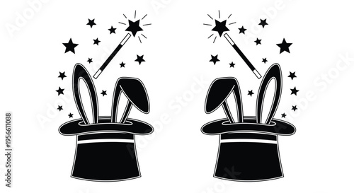 Two black top hats feature rabbit ears emerging from the openings, surrounded by stars and illuminated by small magic wands symbolizing illusion or entertainment.