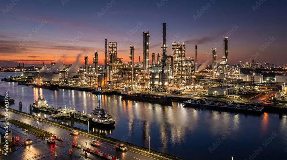 Naklejka premium Industrial Port at Dusk with Illuminated Refineries and Vessels
