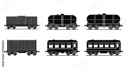 A collection of six different train cars depicted in a stark black silhouette high quality professional detailed modern elegant stylish clean