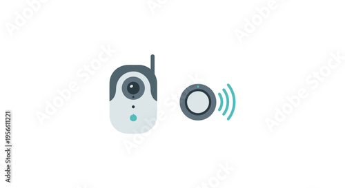 A baby monitor camera and its circular receiver with radiating waves are displayed on a clean white background.